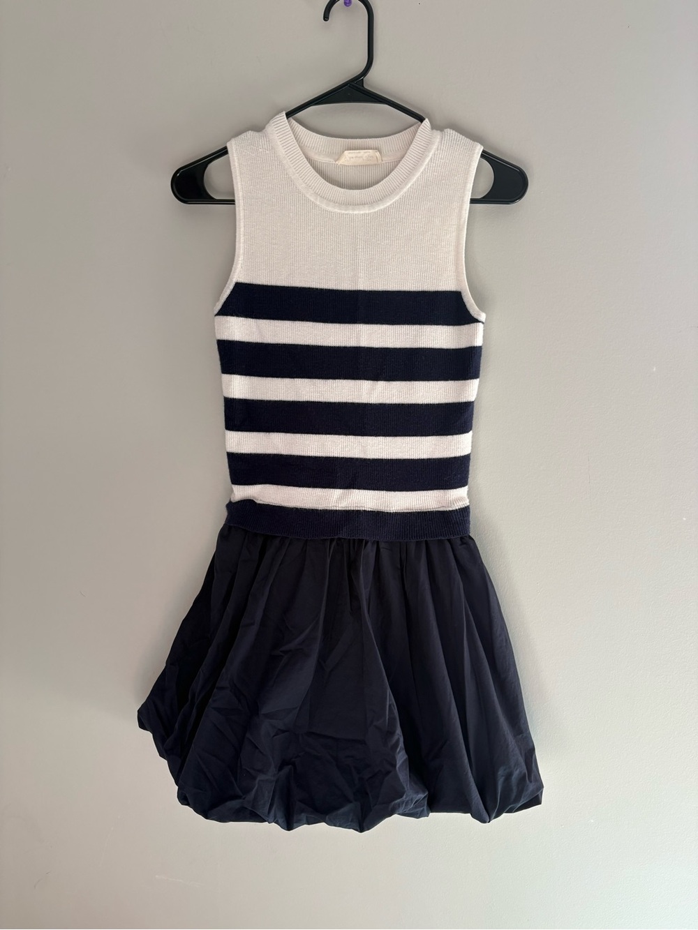 Doe & Rae Navy & White Striped Knit Bubble Hem Dress Sleeveless Preppy Coastal